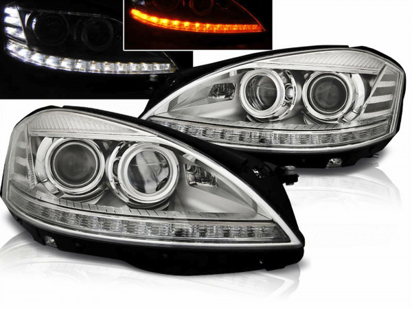 Für Mercedes W221 05-09 - LED Scheinwerfer in chrom - LED Blinker
