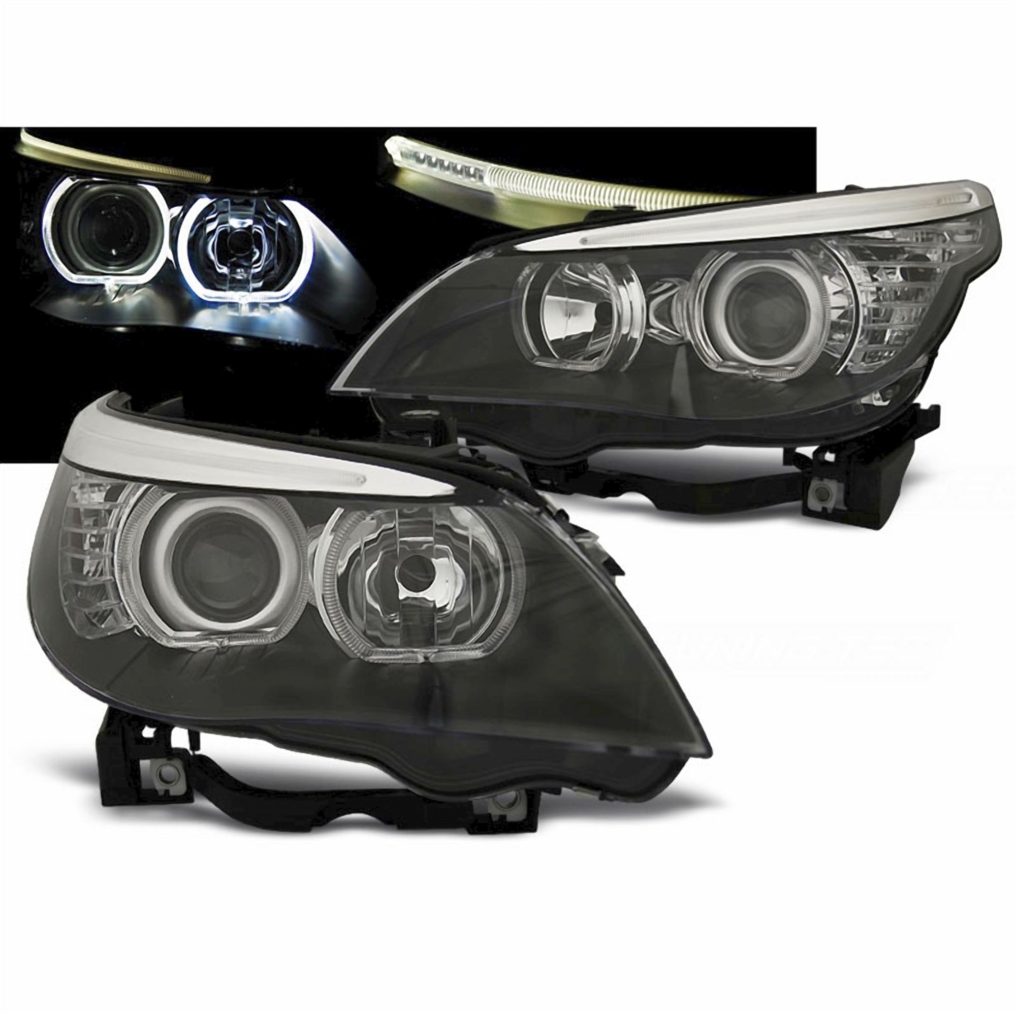 LED Angel Eyes Scheinwerfer Set H7/H7 schwarz für BMW E60/E61 03-07, Für BMW  E60 61, Für BMW 5er, Für BMW, Beleuchtung